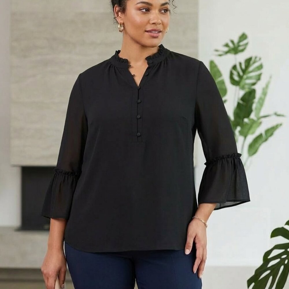 Michel Studio NWT Black Chiffon Ruffle Neck Bell Sleeve Blouse Size 14